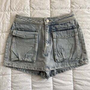 {Grey Bandit} Washed Light Blue Denim Skort with Front Patch Pockets | XS